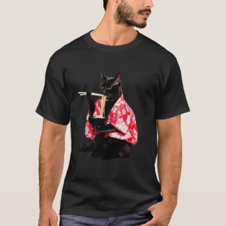 Camiseta Gato negro divertido comiendo ramen vintage mujer
