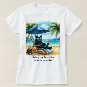 Camiseta Gato Negro Divertido en el Tiempo de Playa Paradis
