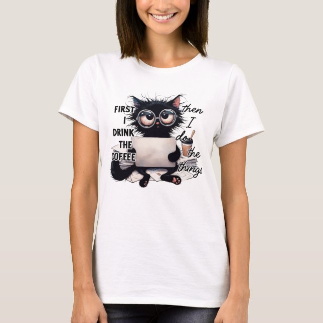 CAMISETA GATO NEGRO DIVERTIDO EN LA COMPUTADORA (Anverso)