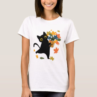 Camiseta gato negro divertido hoja de otoño hola otoño