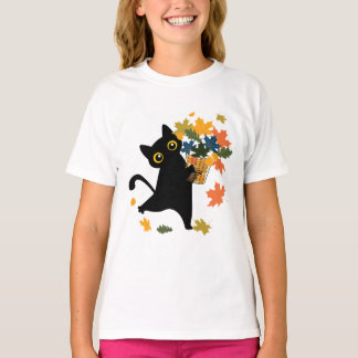 Camiseta gato negro divertido hoja de otoño hola otoño