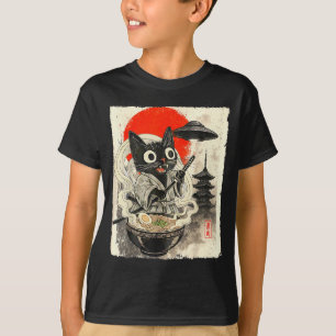 Camiseta Gato Negro Divertido Ramen Alien Ufo Abducción Jap