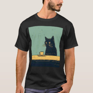 Camiseta Gato negro divertido relajándose con café retro vi