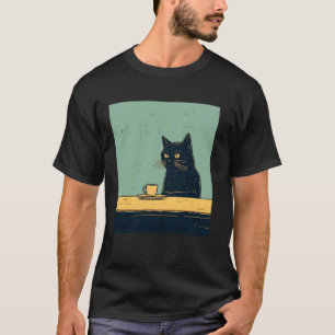 Camiseta Gato Negro Divertido Relajándose con Café Retro Vi