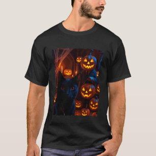 Camiseta Gato Negro Divertido Selfie con Jack O Lantern Cal