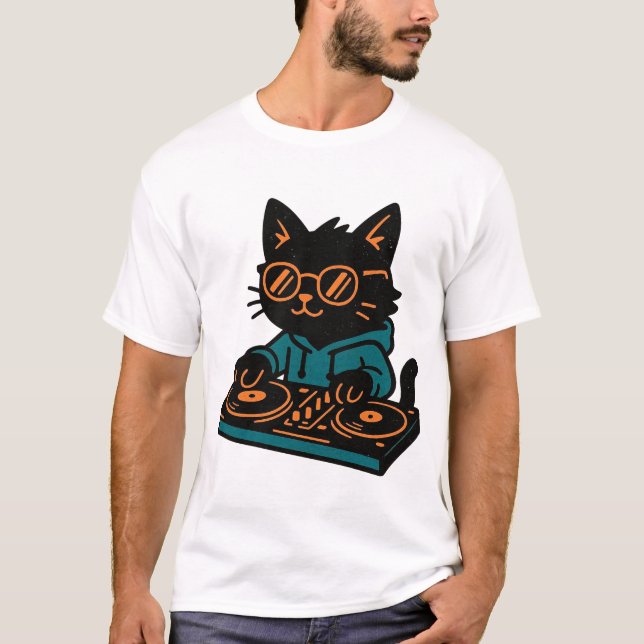 Camiseta Gato negro DJ divertido (Anverso)