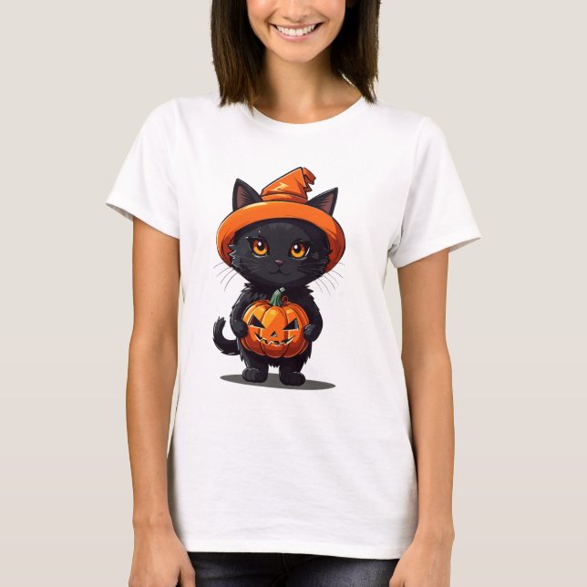 Camiseta Gato negro en brujas Gorra con calabaza Halloween (Anverso)