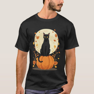 Camiseta Gato Negro en Diseño de Calabaza de Otoño Hallowee