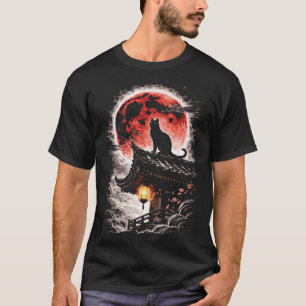 Camiseta Gato negro en el techo de la pagoda, Luna roja - A