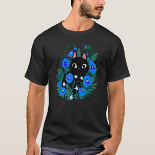 Camiseta Gato Negro En Flores Azules Mamá Papá Padres Madre