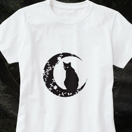 Camiseta Gato negro en luna creciente con vides floridas
