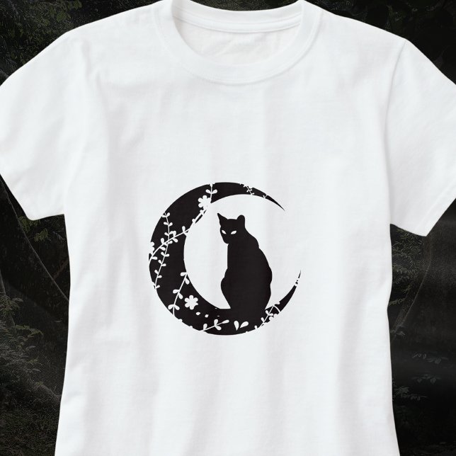 Camiseta Gato negro en luna creciente con vides floridas (Subido por el creador)