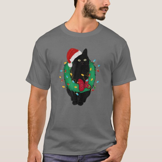 Camiseta Gato negro en Navidades enciende gato gracioso de  (Anverso)