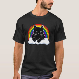 Camiseta Gato Negro en Nube con Orgullo LGBTQ+ Arcoíris