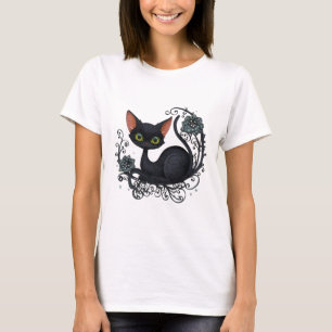 Camiseta Gato Negro en una Cuna de Flores