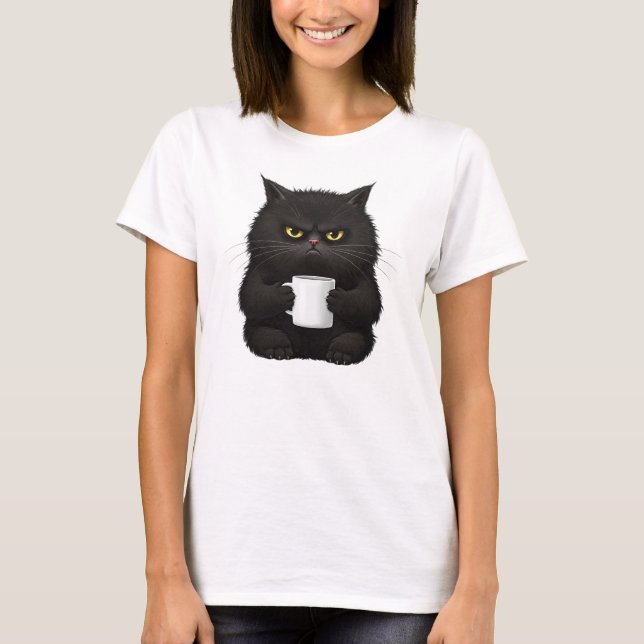 Camiseta Gato negro enojado que bebe café Los amantes de lo (Anverso)