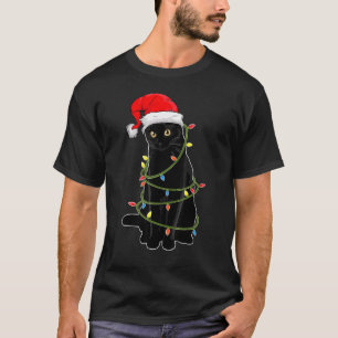 Camiseta Gato negro enredado en Navidades enciende Santa Ha