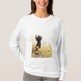 Camiseta Gato Negro Entre las Flores
