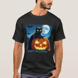 Camiseta Gato negro espeluznante en la calabaza masculina