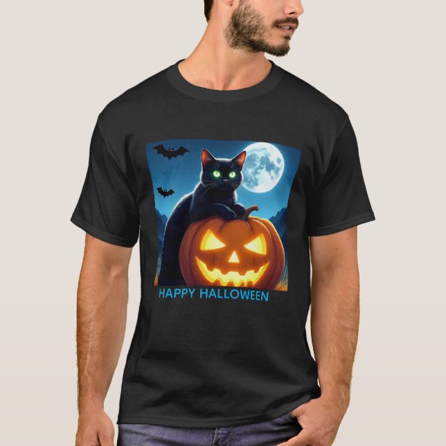 Camiseta Gato negro espeluznante en la calabaza masculina (Anverso)