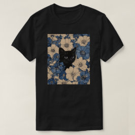 Camiseta Gato Negro Espiando a Través de Flores Azules y Cr