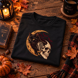 Camiseta Gato Negro Esqueleto Cráneo Luna Halloween