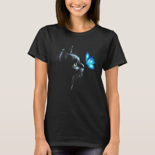 Camiseta Gato Negro Estético Con Ar De Mariposa Azul