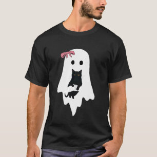 Camiseta Gato Negro Fantasma Lindo Lazo Rosa Divertido Vint