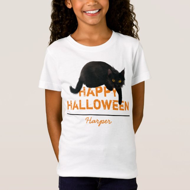 Camiseta Gato negro feliz de Halloween personalizado (Anverso)