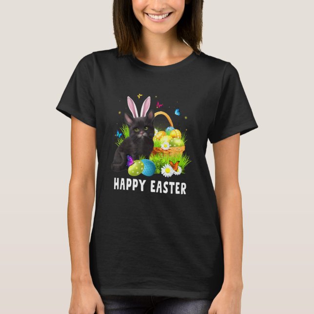 Camiseta Gato negro Feliz Día de Pascua Conejito Huevos Hom (Anverso)