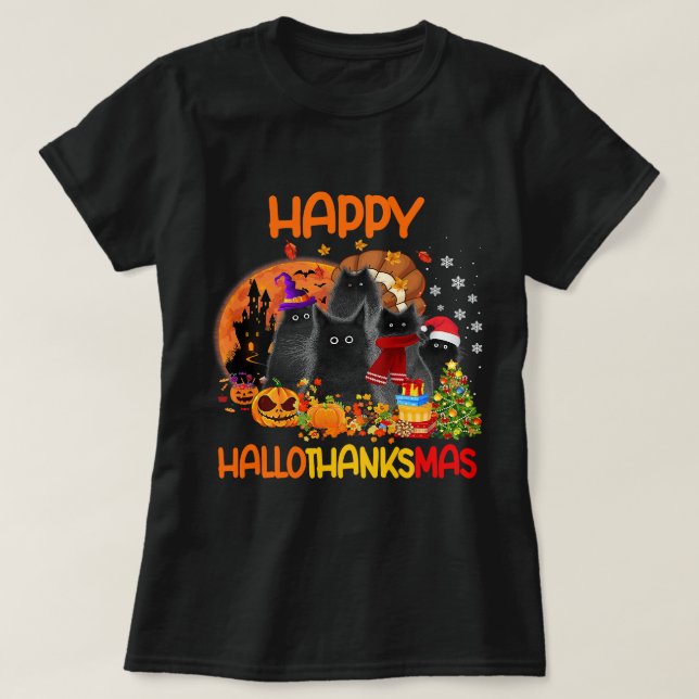 Camiseta Gato negro feliz Hallothanksmas Halloween Thanksgi (Diseño del anverso)