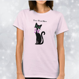 Camiseta Gato negro femenino bonito ojos verdes lazo rosa