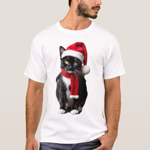 Camiseta Gato negro feo de Navidad sombrero de Santa bufand