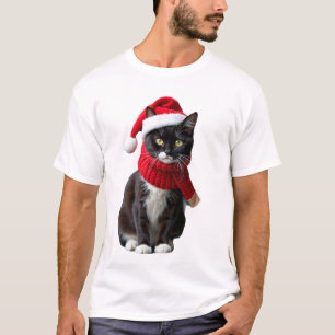 Camiseta Gato negro feo de Navidad sombrero de Santa bufand
