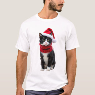 Camiseta Gato negro feo de Navidad sombrero de Santa bufand