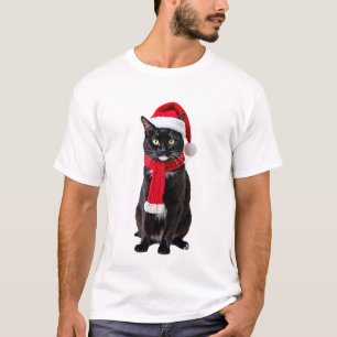 Camiseta Gato negro feo de Navidad sombrero de Santa bufand