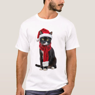 Camiseta Gato negro feo de Navidad sombrero de Santa bufand