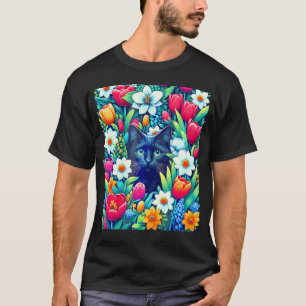 Camiseta Gato Negro Floral De Boho Se Oculta En Flor De Pri