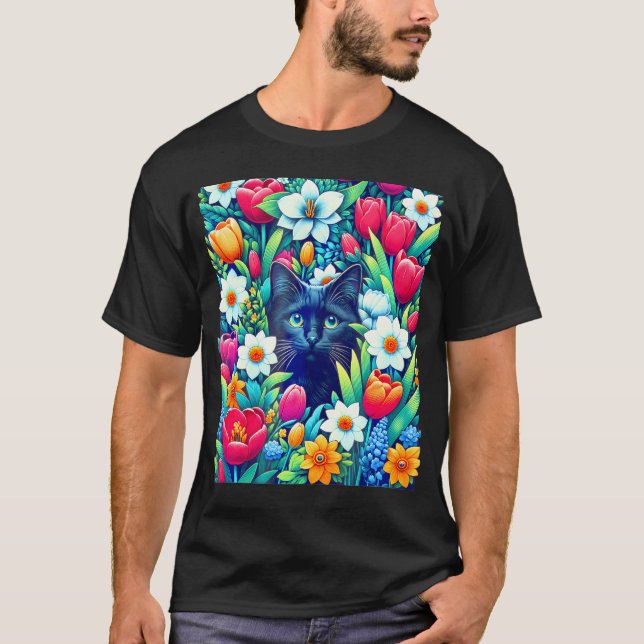 Camiseta Gato Negro Floral De Boho Se Oculta En Flor De Pri (Anverso)