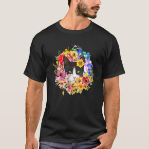 Camiseta Gato Negro Floral Y Flores De Primavera Granja Kit