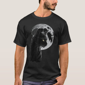 Camiseta Gato Negro Frente a la Luna Llena, Arte de Animal