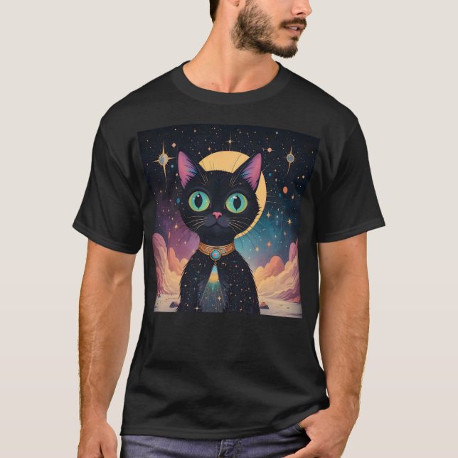 Camiseta Gato negro futurista atómico en luz de la luna (Anverso)