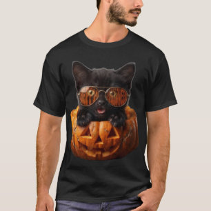 Camiseta Gato negro genial en Jack-o'-Lantern con gafas de 