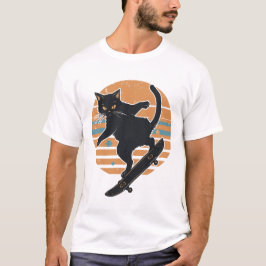 Camiseta Gato Negro Genial Skateboarder Retro Atardecer 80s