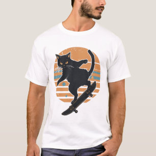 Camiseta Gato Negro Genial Skateboarder Retro Atardecer 80s