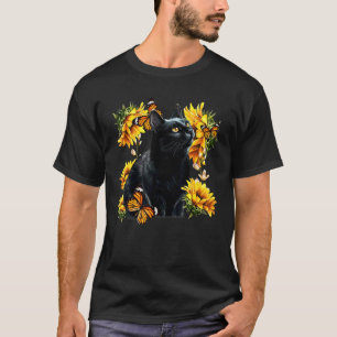 Camiseta Gato Negro Girasol Mariposa Linda