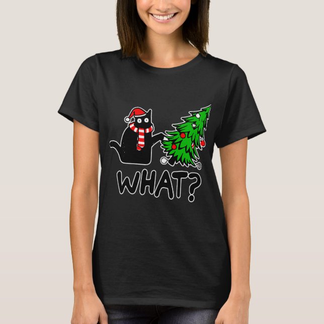 Camiseta Gato negro gracioso que presiona el árbol de Navid (Anverso)