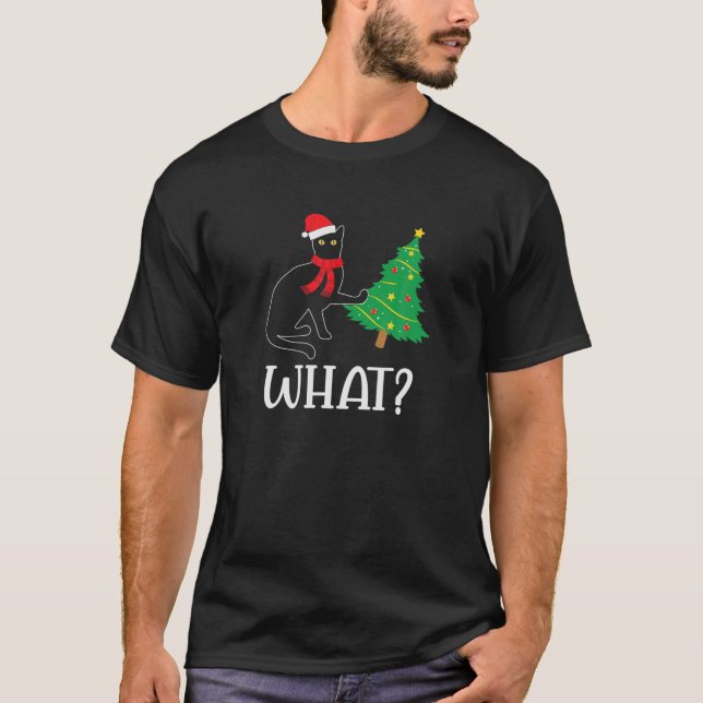 Camiseta Gato negro gracioso que presiona el árbol de Navid (Anverso)