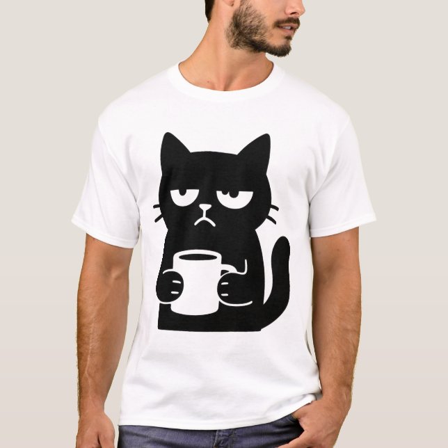 Camiseta Gato negro gruñón con café Mug gracioso (Anverso)