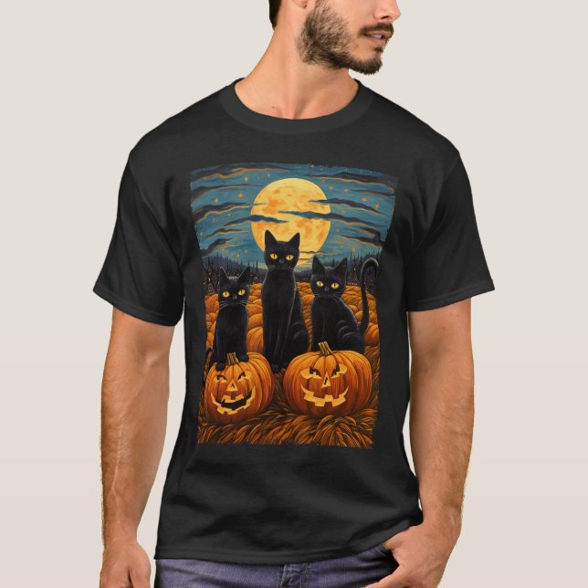 Camiseta Gato negro Halloween Gato ama a gato estrellado va (Anverso)